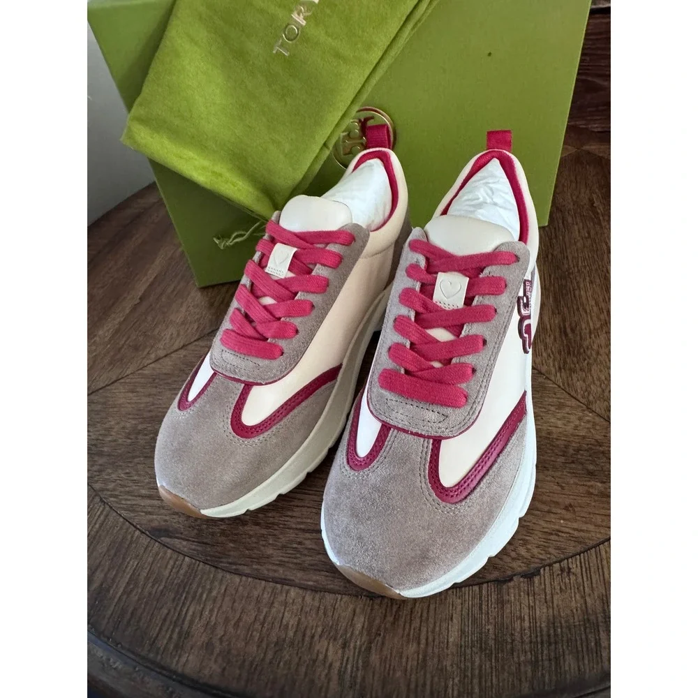 Tory Burch Good Luck Trainer Sneakers Cream Taupe Red 141503 Womens 7 Rare color